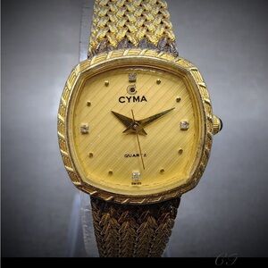 Vintage CYMA Swiss Quartz Gold Mesh Bracelet Diamond Markers - Running